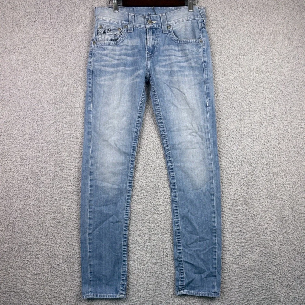 True Religion Skinny Jeans Mens 29x33 Blue Light Wash Faded Whiskered Y2K Cotton